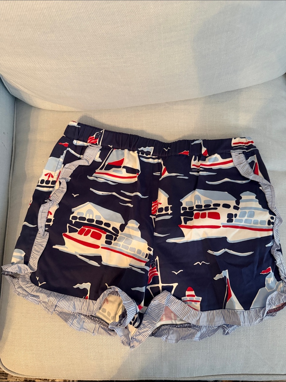 Classic Prep Navy Boat-Print Girls' Shorts with Red Accents